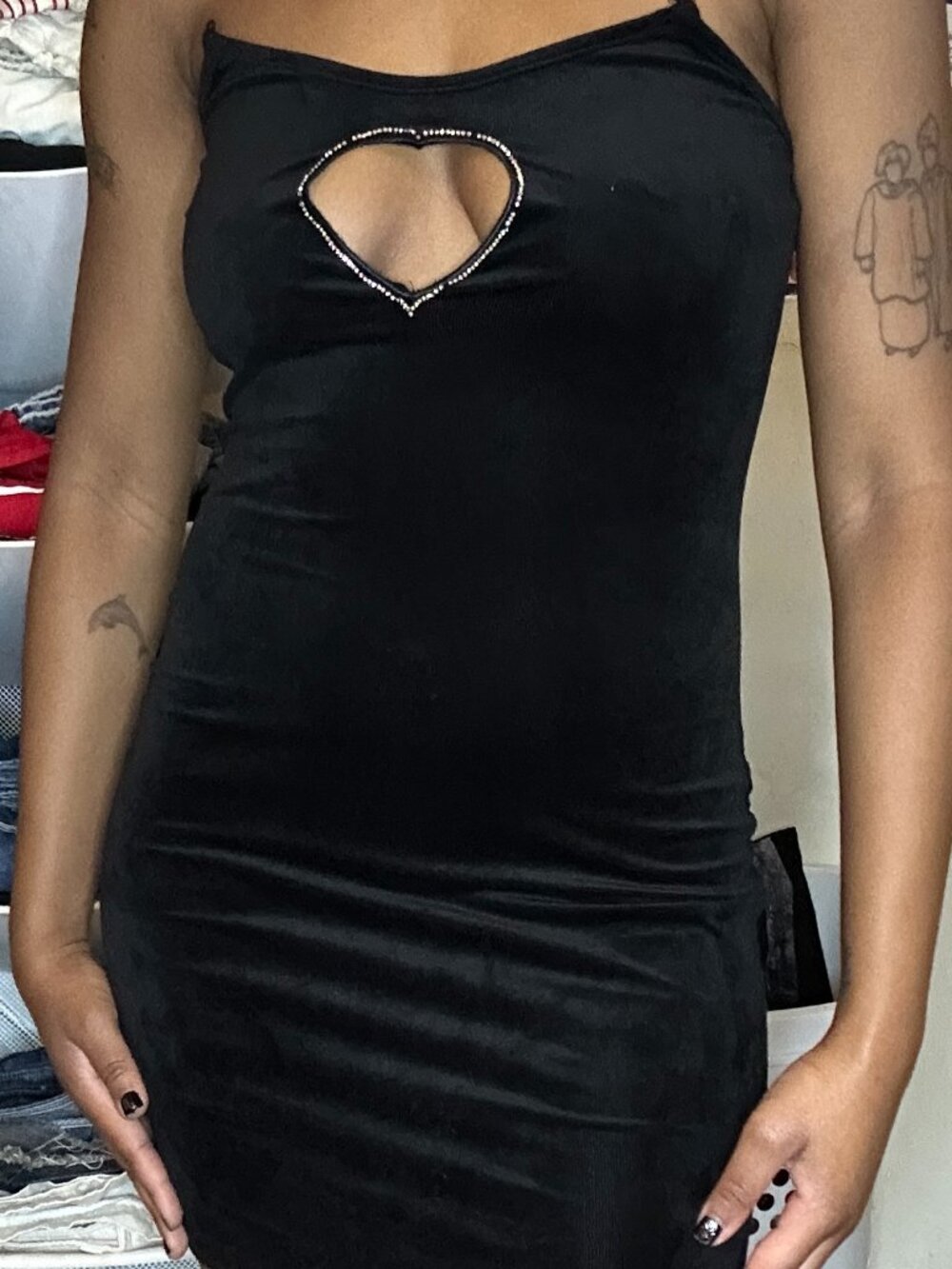 Black Mini Dress with Heart Cutout and Rhinestone Trim